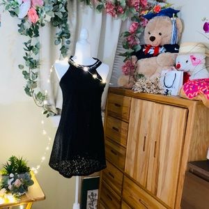 Black Lace with Pearls Beaded Neck Halter Dress